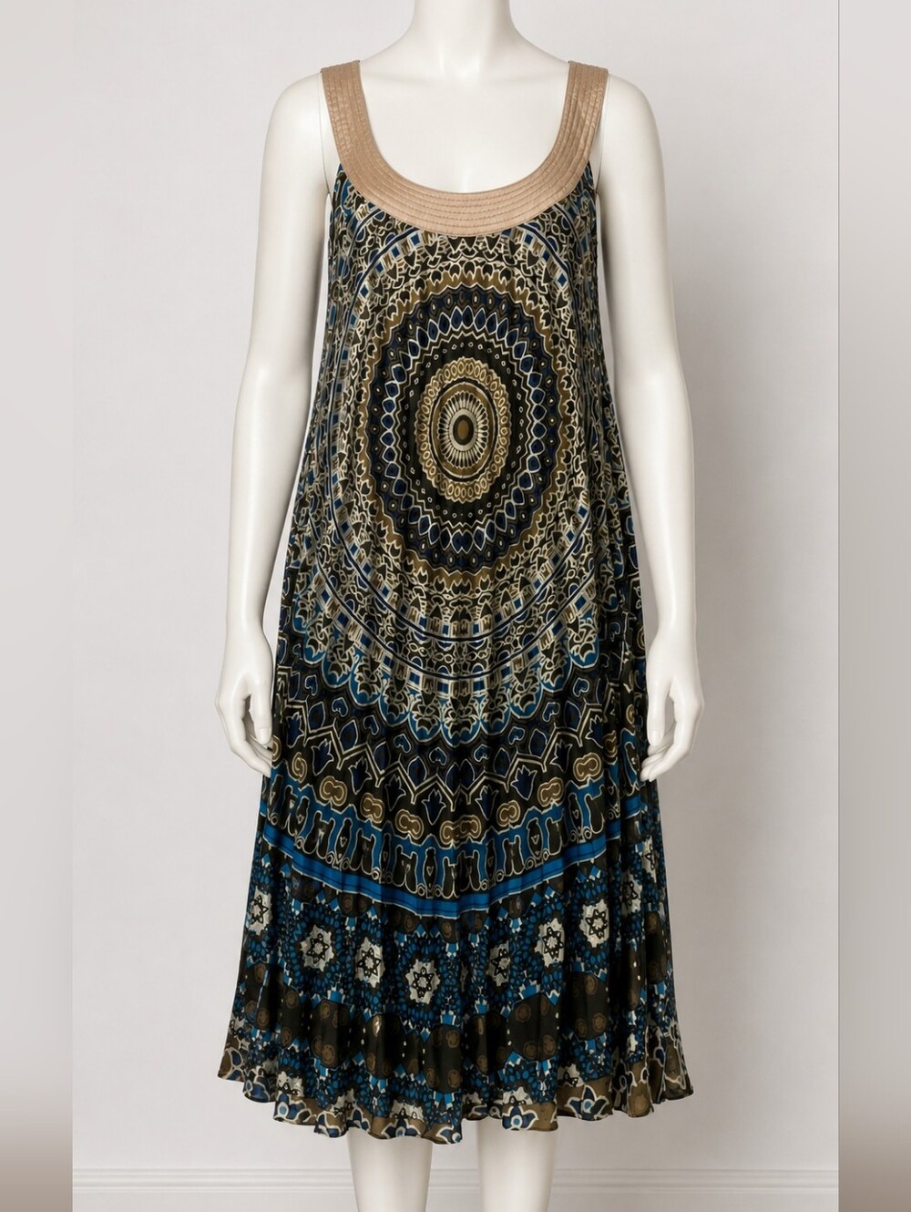 Boho Medallion Print Scoop Neck Dress in Blue and Khaki